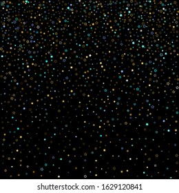 Stars Confetti. Gold, Blue stars, shiny confetti.
 Scattered little sparkling, glitter star. Random stellar falling on black background. New Year Christmas background. Vector illustration.