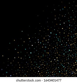 Stars Confetti. Gold, Blue stars, shiny confetti.
 Scattered little sparkling, glitter star. Random stellar falling on black background. New Year Christmas background. Vector illustration.