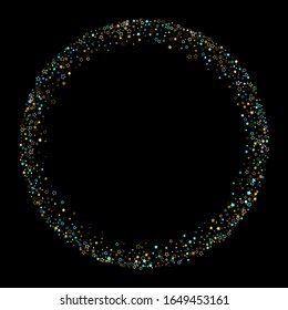 Stars Confetti. Gold, Blue stars, shiny confetti.
 Scattered little sparkling, glitter star. Random stellar falling on black background. New Year Christmas background. Vector illustration.