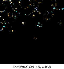 Stars Confetti. Gold, Blue stars, shiny confetti.
 Scattered little sparkling, glitter star. Random stellar falling on black background. New Year Christmas background. Vector illustration.