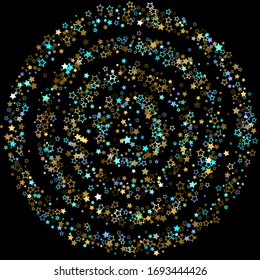 Stars Confetti. Gold, Blue stars, shiny confetti.
 Scattered little sparkling, glitter star. Random stellar falling on black background. New Year Christmas background. Vector illustration.