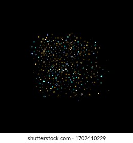 Stars Confetti. Gold, Blue stars, shiny confetti.
 Scattered little sparkling, glitter star. Random stellar falling on black background. New Year Christmas background. Vector illustration.