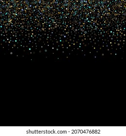 Stars Confetti. Gold, Blue stars, shiny confetti.
 Scattered little sparkling, glitter star. Random stellar falling on black background. New Year Christmas background. Vector illustration.