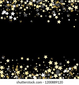 Stars confetti horizontal border. Isolated gradient stellar elements. Platinum chrome metal shine. Festive iridescent holographic effect vector background.