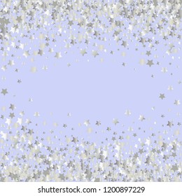 Stars confetti horizontal border. Isolated gradient celestial elements. Platinum metallic gloss. Holiday celebration luminous vector background for decorations, posters.
