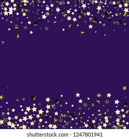 Stars confetti horizontal border. Isolated gradient celestial elements. Platinum chrome metallic gloss. Holiday celebration luminous vector background.