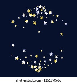 Stars confetti horizontal border. Isolated yellow blue white grey gradient celestial elements. Festive iridescent holographic effect vector background.