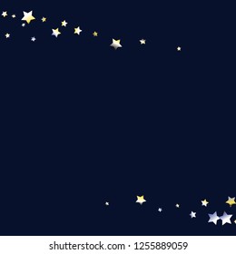 Stars confetti horizontal border. Isolated yellow blue white grey gradient stellar elements. Iridescent festive  celebration vector  background.