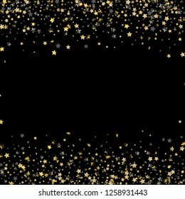 Stars confetti horizontal border. Isolated gradient stellar elements. Platinum chrome metallic gloss. Festive iridescent holographic effect vector background.