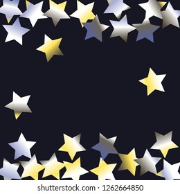 Stars confetti horizontal border. Isolated yellow blue white grey gradient stellar elements. Iridescent festive  celebration vector  background.