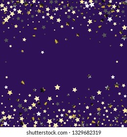 Stars confetti horizontal border. Isolated gradient celestial elements. Platinum chrome metal shine. Festive iridescent holographic effect vector background.