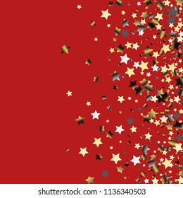 Stars confetti. Isolated gradient celestial elements on red. Platinum chrome metallic gloss. Iridescent festive  celebration vector background for celebration decorations, flyers, posters.