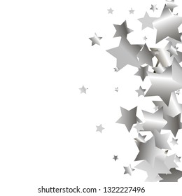 Stars confetti. Isolated gradient stellar elements. Silver metal shine. Holiday celebration luminous vector background for celebration decorations, packaging, flyers, posters.