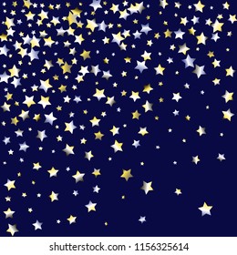 Stars confetti.  Isolated yellow blue white  grey gradient celestial elements. Holiday celebration luminous vector background for celebration decorations,  flyers, posters.