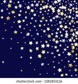 Stars confetti.  Isolated yellow blue white  grey gradient celestial elements. Festive iridescent holographic effect vector background for celebration decorations, flyers, posters.