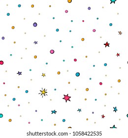 Stars confetti nursery seamless pattern typography. Design for postcard poster graphics. Simple vector brush sign card colored element