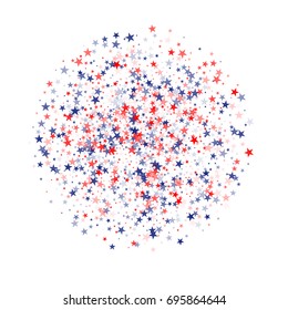 stars confetti round explosion colored as USA Flag. starburst Vector Illustration for Celebration memorial day, Blue and Red stars sparkle isolated on white. American stars patriotic banner background