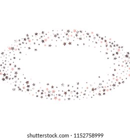 Stars confetti round frame.  Isolated gradient celestial elements. Pink purple pearl nacre shine. Holiday celebration luminous glossy vector template for celebration decorations.