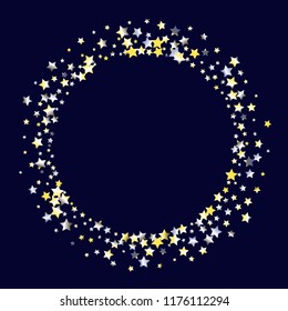 Stars confetti round frame.  Isolated yellow blue white grey gradient celestial elements. Festive iridescent holographic effect vector template for celebration decorations, packaging.