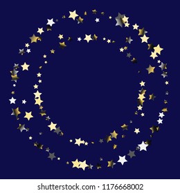 Stars confetti round frame.  Isolated gradient stellar elements. Platinum chrome metal shine. Iridescent festive  celebration vector  template for celebration decorations, packaging.