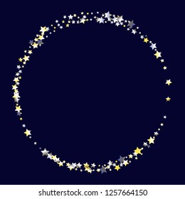 Stars confetti round frame.  Isolated yellow blue white grey  gradient stellar elements. Holiday celebration luminous vector template for celebration decorations, packaging.