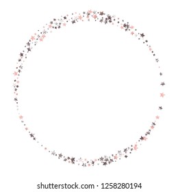 Stars confetti round frame.  Isolated gradient stellar elements. Pink purple pearl nacre gloss. Holiday celebration luminous glossy vector template for celebration decorations.