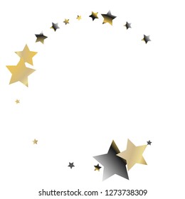 Stars confetti round frame.  Isolated gradient celestial elements. Platinum chrome metallic gloss. Festive iridescent holographic effect vector template for celebration decorations, packaging.