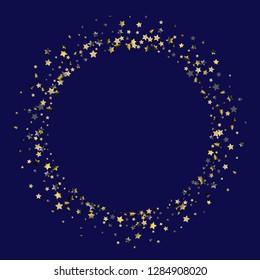 Stars confetti round frame.  Isolated gradient stellar elements. Platinum chrome metal glitter. Holiday celebration luminous vector template for celebration decorations, packaging.