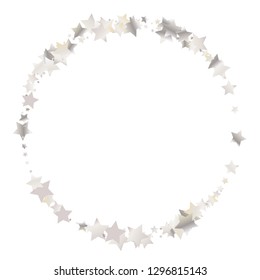 Stars confetti round frame.  Isolated gradient celestial elements. Pearl nacre gloss. Festive iridescent holographic shine effect vector template for celebration decorations.
