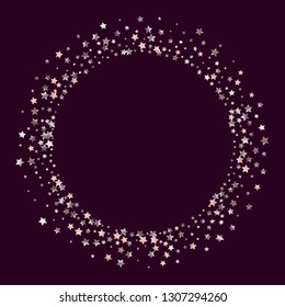 Stars confetti round frame.  Isolated gradient stellar elements. Pink purple pearl nacre glitter. Holiday celebration luminous glossy vector template for celebration decorations.