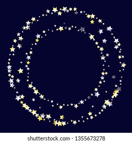 Stars confetti round frame.  Isolated yellow blue white grey gradient celestial elements. Festive iridescent holographic effect vector template for celebration decorations, packaging.