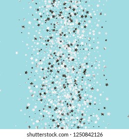Stars confetti spread vertically. Isolated gradient stellar elements. Silver metallic gloss. Iridescent glitter festive celebration vector template for decorations