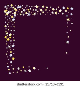 Stars confetti square frame.  Isolated yellow blue white grey  gradient stellar elements. Festive iridescent holographic shine effect vector template for celebration decorations, packaging.