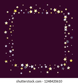 Stars confetti square frame.  Isolated yellow blue white grey gradient celestial elements. Iridescent glitter festive  celebration vector  template for celebration decorations, packaging.
