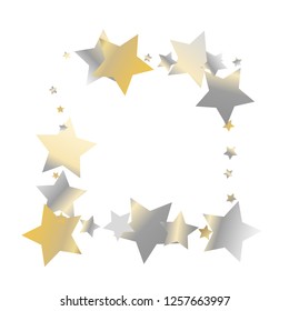 Stars confetti square frame.  Isolated gradient celestial elements. Yellow pearl nacre gloss. Festive iridescent holographic shine effect vector template for celebration decorations.