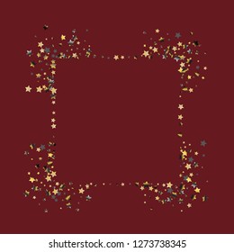 Stars confetti square frame.  Isolated gradient celestial elements. Platinum chrome metal glitter. Holiday celebration luminous vector template for celebration decorations, packaging.