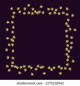 Stars confetti square frame.  Isolated gradient stellar elements. Platinum chrome metallic gloss. Holiday celebration luminous vector template for celebration decorations, packaging.