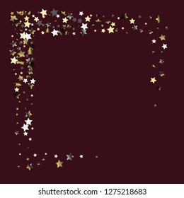 Stars confetti square frame.  Isolated gradient celestial elements. Platinum chrome metallic gloss. Iridescent festive  celebration vector  template for celebration decorations, packaging.