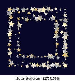 Stars confetti square frame.  Isolated gradient celestial elements. Yellow pearl nacre shine. Festive iridescent holographic shine effect vector template for celebration decorations.