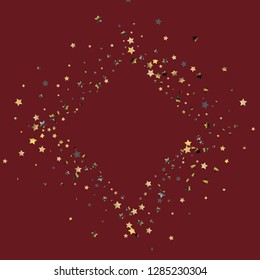 Stars confetti square frame.  Isolated gradient stellar elements. Platinum chrome metallic gloss. Iridescent festive  celebration vector  template for celebration decorations, packaging.
