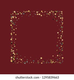 Stars confetti square frame.  Isolated gradient stellar elements. Platinum chrome metal shine. Holiday celebration luminous vector template for celebration decorations, packaging.