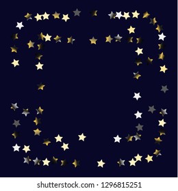 Stars confetti square frame.  Isolated gradient stellar elements. Platinum chrome metal glitter. Festive iridescent holographic effect vector template for celebration decorations, packaging.