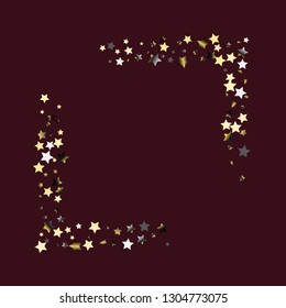 Stars confetti square frame.  Isolated gradient stellar elements. Platinum chrome metallic gloss. Holiday celebration luminous vector template for celebration decorations, packaging.