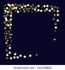 Stars confetti square frame.  Isolated gradient celestial elements. Platinum chrome metal shine. Festive iridescent holographic effect vector template for celebration decorations, packaging.