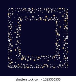 Stars confetti square frame.  Isolated gradient celestial elements. Yellow pearl nacre glitter. Iridescent glitter festive  celebration vector  template for celebration decorations.
