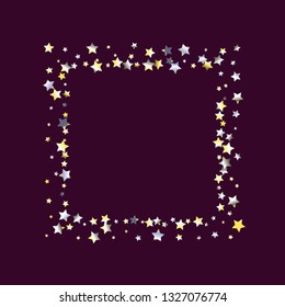 Stars confetti square frame.  Isolated yellow blue white grey  gradient stellar elements. Holiday celebration luminous glossy vector template for celebration decorations, packaging.