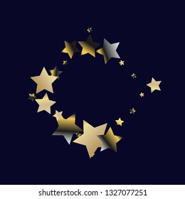 Stars confetti square frame.  Isolated gradient celestial elements. Platinum chrome metallic gloss. Holiday celebration luminous vector template for celebration decorations, packaging.