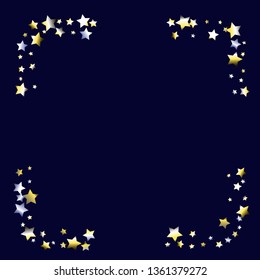 Stars confetti square frame.  Isolated yellow blue white grey  gradient stellar elements. Holiday celebration luminous glossy vector template for celebration decorations, packaging.
