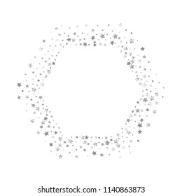 Stars confetti vector polygonal frame. Isolated gradient stellar elements. Platinum metal shine. Holiday celebration luminous vector template for decorations, invitation cards.