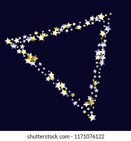 Stars confetti vector polygonal frame. Isolated yellow blue white  grey gradient celestial elements. Holiday celebration luminous glossy vector template for celebration decorations.